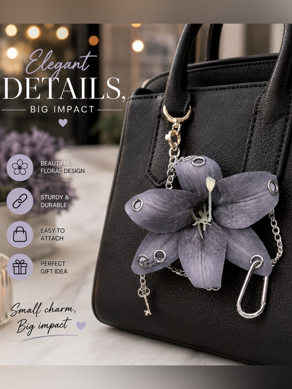 Grey and Silver Flower Bag Charm